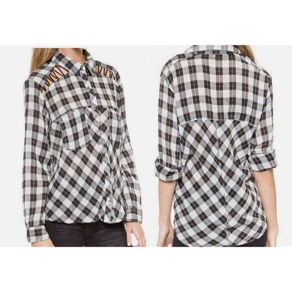Free People Women's Plaid Lace Up Shoulder Shirt Snap Front Relaxed Fall Large - Picture 1 of 5